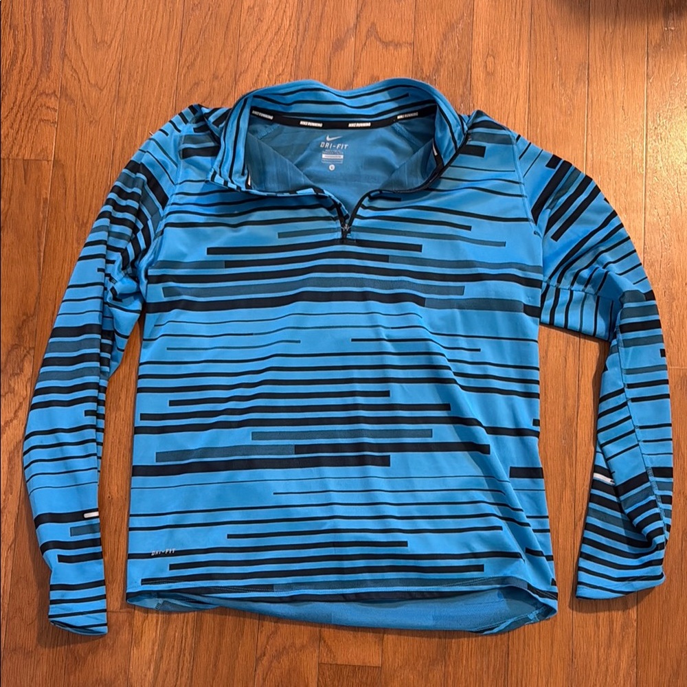 Nike Blue and Black Striped Dri-Fit quarter zip size large
